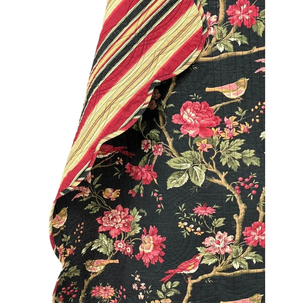 Waverly Floral Bird Quilt Black Cottagecore Bedding Reversible‎ Full Queen 84x88